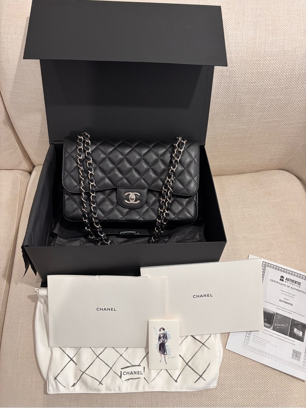 Authentic NEW CHANEL $12,500 MSRP double flap black caviar jumbo classic bag